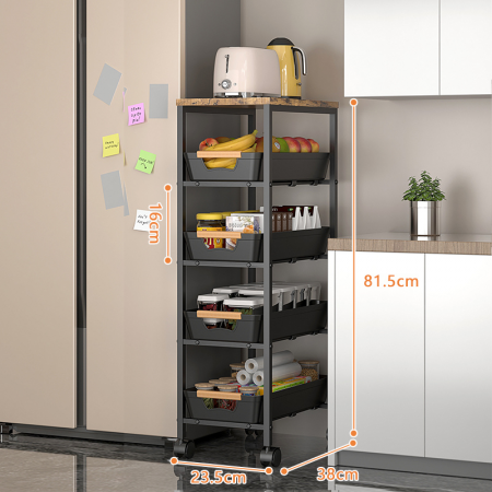 Suport slim portabil cu 5 nivele, 4 rafturi retractabile si 1 polita din MDF, rotativ 360°, 38 (L) x 23.5 (l) x 81.5 (H) cm, negru