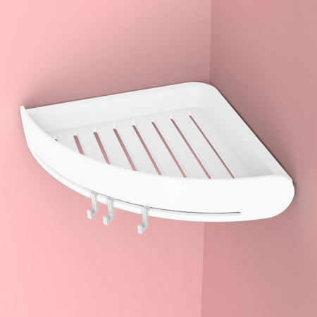 Suport/raft autoadeziv de colt pentru baie cu 3 carlige, ABS, 24 cm x 5 cm, alb