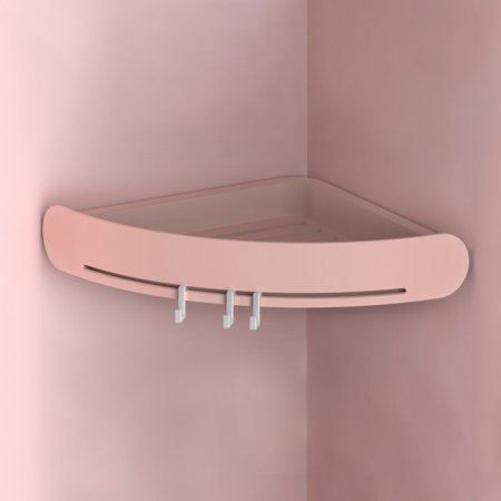 Suport/raft autoadeziv de colt pentru baie cu 3 carlige, ABS, 24 cm x 5 cm, roz