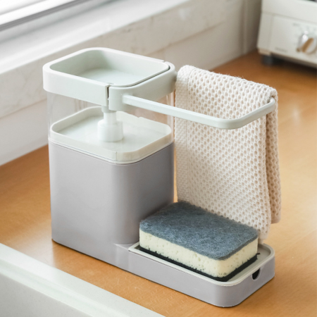 Dispenser detergent vase cu suport pentru burete / laveta, 25 x 21 x 12 x 9.5 cm, gri