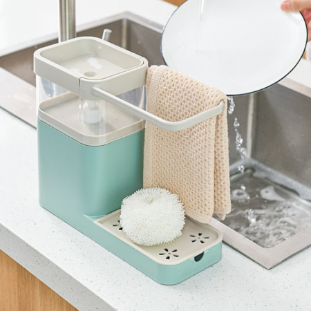 Dispenser detergent vase cu suport pentru burete / laveta, 25 x 21 x 12 x 9.5 cm, verde
